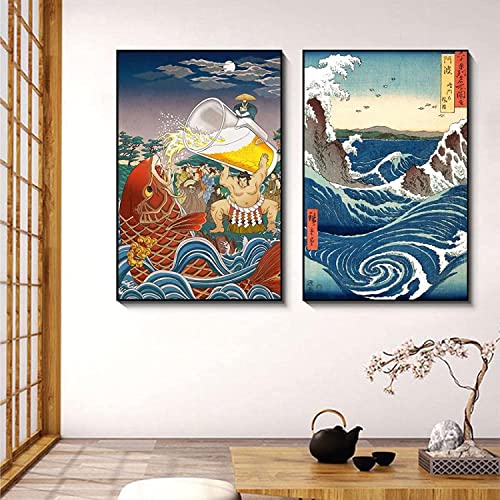 Poster Artworks 2 Stück 60 x 80 cm, ohne Rahmen, japanische Landschaft, Wellen, Karpfen, Angelboot, Poster, Druck für Heimdekoration, 2 Stück von DZCPP-HongYu