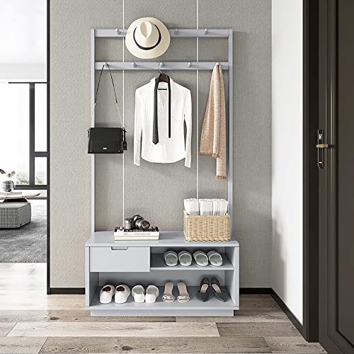 Eingangsbereich, Bambusgarderobe, Schuhbank, 3-in-1, freistehend, mit 2-stöckigem Schuhregal und 9 Haken, Aufbewahrungsmöbel mit Schublade für Flur, Foyer, 80 x 35 x 180 cm Eingangsbereich, Bambusgarderobe, Schuhbank, 3-in-1, freistehend, mit 2-stöckigem Schuhregal und 9 Haken, Aufbewahrungsmöbel mit Schublade für Flur, Foyer, 80 x 35 x 180 cm von DZDZXQG