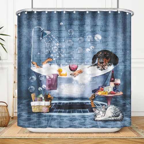 DZGlobal Lustiger Dackel-Duschvorhang für Badezimmer, Cartoon-Hundebadewannenvorhänge mit niedlichem Tiermuster, 183 x 182,9 cm, wasserdicht, maschinenwaschbar von DZGlobal