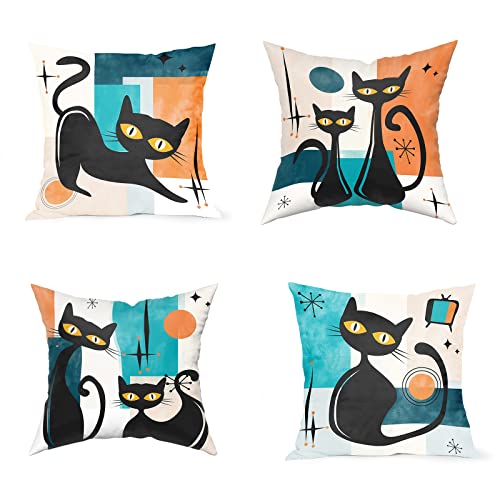 DZGlobal Schwarze Katze Mitte Jahrhundert Kissenbezüge Mitte Jahrhundert Modern Kissenbezüge 45,7 x 45,7 cm Retro Dekor Halloween Kissenbezug Set von 4 Stück für Couch Zuhause Sofa Schlafzimmer von DZGlobal
