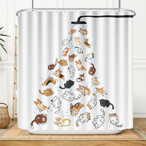 Duschvorhang mit regnerischen Katzen und Hunden für Kinder, Cartoon-Corgi-Tier-Duschvorhänge für Badezimmer-Zubehör, 3D-Druck, lustige Haustiere, Wasserspiel-Design, Bad-Dekoration, 72 x 72 cm, von DZGlobal