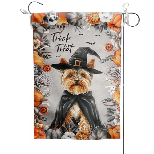 Yorkshire Terrier Hund Gartenflagge gruseliger Hexenhut Yorkie Welpe doppelseitiger Druck Sackleinen Hofbanner vertikal für den Außenbereich, Hof, Rasen, Urlaub, Heimdekorationen von DZGlobal