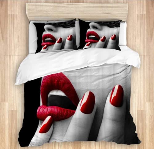 3 Teilig Bettwäsche Sexy Schönheit Einzelbett 135x200cm, Deluxe Erwachsene 3D Frau Mit Roten Lippen Bettwäsche Set Microfaser Bettbezug und Kissenbezug 80x80cm mit Reißverschluss von DZJGB