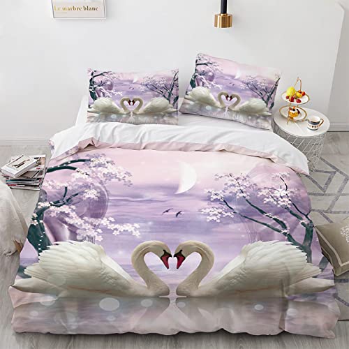 Bettwäsche Set 3D Druck Lila Sakura-Schwan Bettwäsche-Set Einzeln (135x200 cm) , 3 Teilig 1 Bettbezug mit Reißverschluss + 2 Passender Kissenbezug , für Kinder Erwachsene von DZJGB