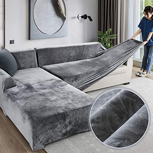 DZWAZD Velvet Plüsch Schonbezug Sofa, Stretch Sofa Überwurf Sofabezug Weich Dick Sofahusse Für L-Form Schnittcouch,1 2 3 4 Sitzer -grau Recliner von DZWAZD