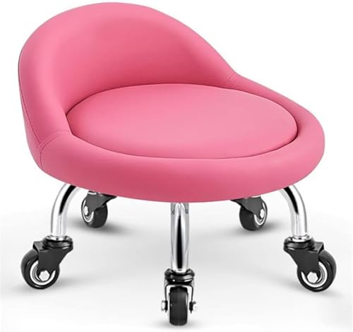 DZYHFCO Hocker, Sattelhocker, Rollhocker mit Rollen, Leder-Sitzkissen, Rückenlehne, drehbarer niedriger Hocker (Roze) von DZYHFCO