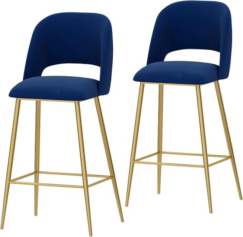 DZYHFCO Küchen-Esszimmerstühle, 2er-Set, Samtstoff, gepolsterte Sitzbank, Barhocker mit Rückenlehne und schwarzem Metall (Blau, Sitzhöhe 65 cm) von DZYHFCO