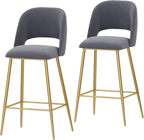 DZYHFCO Küchen-Esszimmerstühle, 2er-Set, Samtstoff, gepolsterte Sitzbank, Barhocker mit Rückenlehne und schwarzem Metall (Grau, Sitzhöhe 75 cm) von DZYHFCO