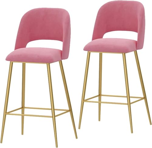 DZYHFCO Küchen-Esszimmerstühle, 2er-Set, Samtstoff, gepolsterte Sitzbank, Barhocker mit Rückenlehne und schwarzem Metall (Rosa, Sitzhöhe 75 cm) von DZYHFCO