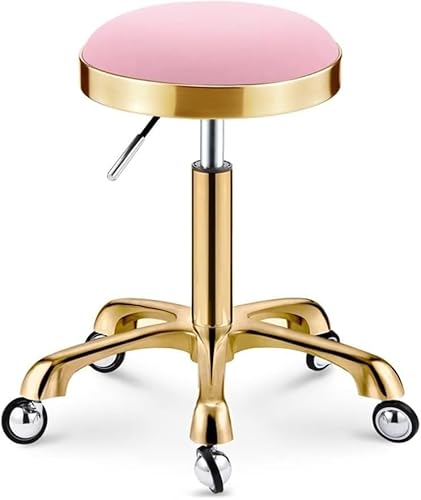 DZYHFCO Robuster, runder Rollhocker, verstellbare Höhe, 200 kg Kapazität, goldfarbene Anti-Haar-Räder, PU-Leder (Rosa) von DZYHFCO