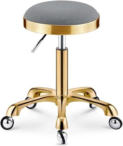DZYHFCO Robuster runder Rollhocker, verstellbare Höhe, 200 kg Kapazität, goldfarbene Anti-Haar-Räder, PU-Leder (grau) von DZYHFCO