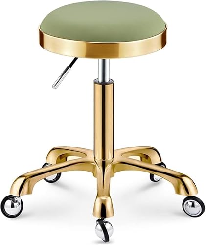 DZYHFCO Robuster runder Rollhocker, verstellbare Höhe, 200 kg Kapazität, goldfarbene Anti-Haar-Räder, PU-Leder (grün) von DZYHFCO