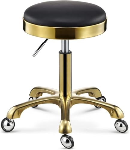 DZYHFCO Runder Rollhocker – höhenverstellbarer Drehstuhl mit 5 Zinken, goldfarbener Basis, Kunstledersitz für Salons, Schwarz von DZYHFCO
