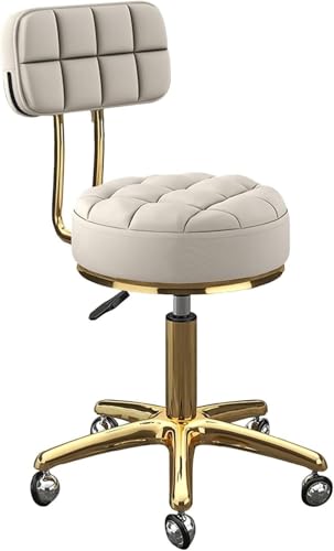 DZYHFCO Runder Rollhocker – höhenverstellbarer Drehstuhl mit Kunstleder-Sitz, Titan-Gold, 5-Krallen-Basis und Globus (weiß) von DZYHFCO