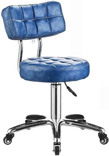 DZYHFCO Runder Rollhocker – verstellbarer Leder-Drehstuhl mit Rückenlehne und Rädern für Salon, Spa, Medizin (blau) von DZYHFCO