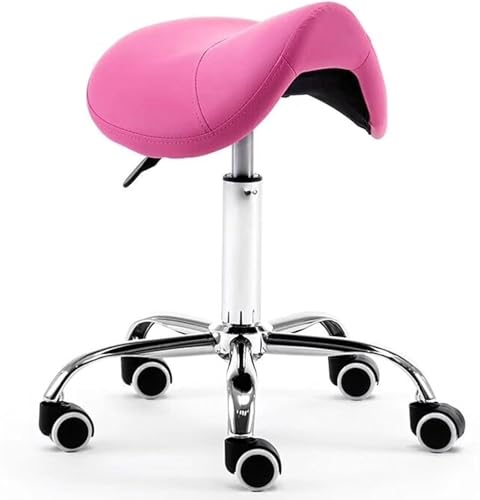 DZYHFCO Sattelstuhl, Bürosattel, ergonomischer Hocker, drehbarer verstellbarer Rollstuhl mit Rollen, PU-Leder (Rosarot) von DZYHFCO