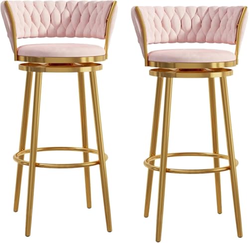 DZYHFCO Set mit 2 luxuriösen Barhockern aus Samt, Thekenhöhe mit gebogener gewebter Rückenlehne und Metallbeinen, 65 cm, Rosa / goldfarben von DZYHFCO