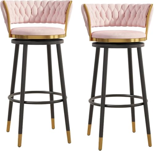DZYHFCO Set mit 2 luxuriösen Barhockern aus Samt, Thekenhöhe mit gebogener gewebter Rückenlehne und pinkfarbenem Metallbein, 65 cm von DZYHFCO