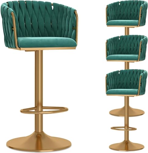 DZYHFCO Set mit 4 verstellbaren Barhockern aus Samt mit gewebter Rückenlehne, moderne Drehstühle für Küche, Esszimmer & (grün, goldene Beine) von DZYHFCO