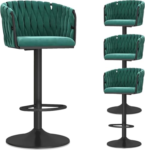 DZYHFCO Set mit 4 verstellbaren Barhockern aus Samt mit gewebter Rückenlehne, moderne Drehstühle für Küche, Esszimmer und (grün, schwarze Beine) von DZYHFCO