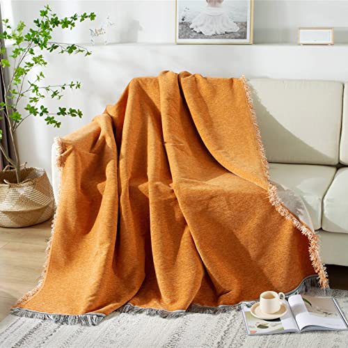 Chenille Kuscheldecke Mit Fransen, Weiche Warme Tagesdecke Wohndecke Sofadecke Couchdecke Sofaüberwurf, Überwurf Decke Für Sofa Couch Bett Sessel Stuhl (Orange,180x300cm) von DZYP