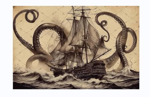 DZYQAWH Metall-Blechschild "The Legend of The Kraken", Oktopus, Kraken mit Segelboot auf dem Meer, Ozean, Vintage-Retro-Dekoration, Wandkunst, Wanddekoration, Poster, Plakette für Zuhause, Bar von DZYQAWH