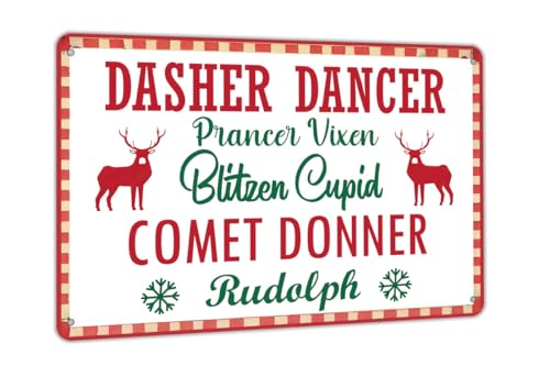 Dasher Dancer Prancer Vixen Blitzen Amor Komet Donner Rudolph Blechschild Lustig Weihnachten Cafe Bar Home Decor 20,3 x 30,5 cm von DZYQAWH