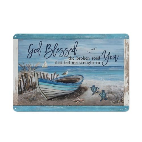 Rustikales Metall-Blechschild "God Blessed The Broken Road", blaues Holzboot, Schildkröten-Zeichnung, Jesus-Land, Wandkunst für Zuhause, Schlafzimmer, Wohnzimmer, Wanddekoration, 20,3 x 30,5 cm von DZYQAWH