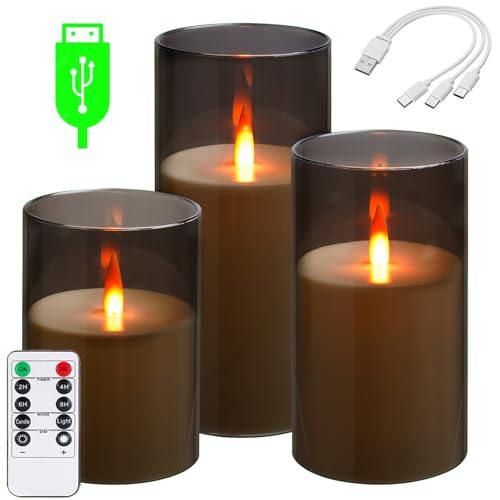 Da by wiederaufladbare LED-Kerze, wiederaufladbare Batteriekerze Typ C, 3-Kerzen-Set mit Remote-Timer-Funktion für bis zu 240 Stunden Nutzung (grau) von Da by