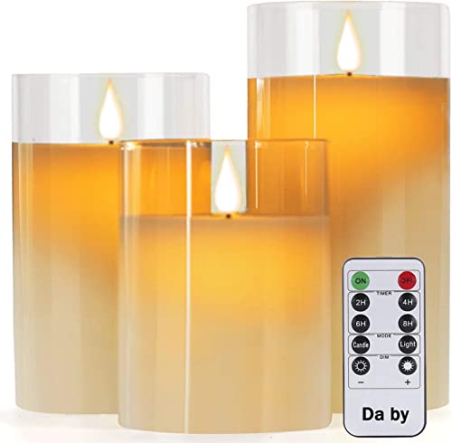 Da by LED Kerzen mit Glaseffekt 10cm/12,5cm/15cm LED-Kerze Echtwachssäule 10 Fernbedienung mit realistisch tanzender LED-Flamme und Timing-Funktion in einer Packung mit 3 Stück von Da by