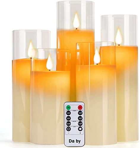 LED Kerzen mit Glaseffekt 13cm 14cm 16cm 18cm 20cm, LED Kerrze Echtwachssäulen 10-Tasten-Fernbedienung mit realistisch tanzender LED-Flamme und Timing-Funktion Packung mit 5 Stück von Da by