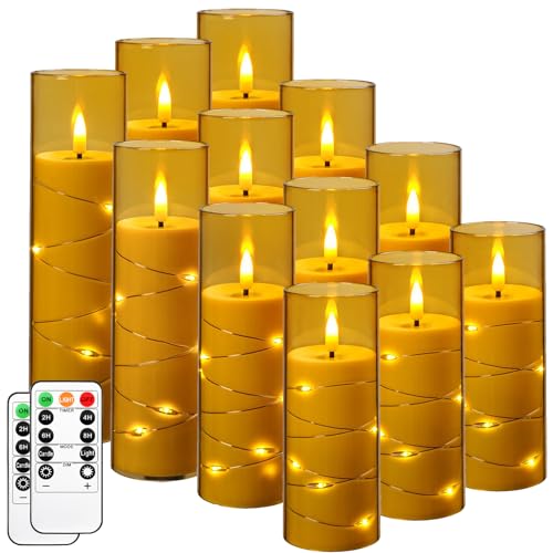 Da by LED-Kerzenlicht, Batteriekerze mit versenkter Lichterkette, 12 flammenlose Kerzen mit 11-Tasten-Fernbedienung, 24-Stunden-Timer-Funktion, Champagnerfarbe von Da by
