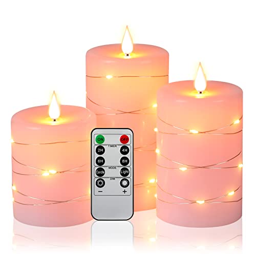 LED Kerzen mit Lichterkette, 3 Batteriekerzen mit 11-Tasten-Fernbedienung, 24-Stunden-Timer-Funktion, tanzende Flamme, echtes Wachs (rosa). von Da by
