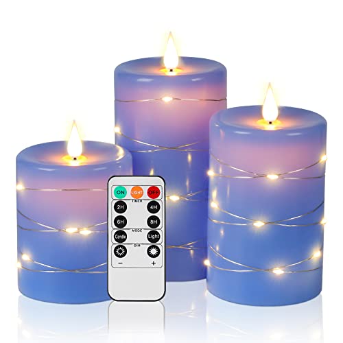 LED Kerzen, 3 LED-Batteriekerzen, mit 11-Tasten-Fernbedienung, 24-Stunden-Timer-Funktion, tanzende Flamme, echtes Wachs (blau) von Da by