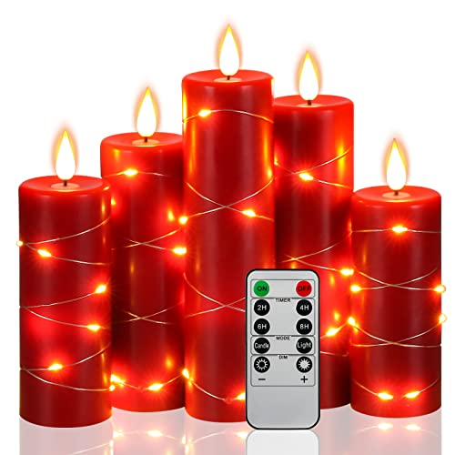 LED Kerzen, 5 Stück, LED-Lichterkette, 360-Grad-Blickwinkel, mit sternenklare Lichterkette, mit 10-Tasten-Fernbedienung, 24-Stunden-Timer-Funktion, tanzende Flamme, echtes Wachs (rot). von Da by