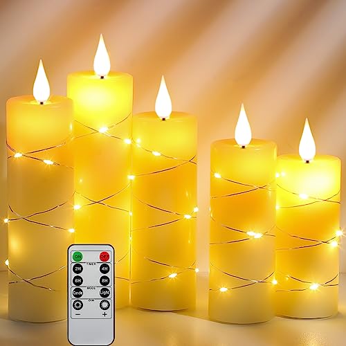LED Kerzen mit Einbau-Lichterkette, 5 LED-Kerzen mit Fernbedienung, 24-Stunden-Timer-Funktion, tanzende Flamme, echtes Wachs, batteriebetrieben. von Da by