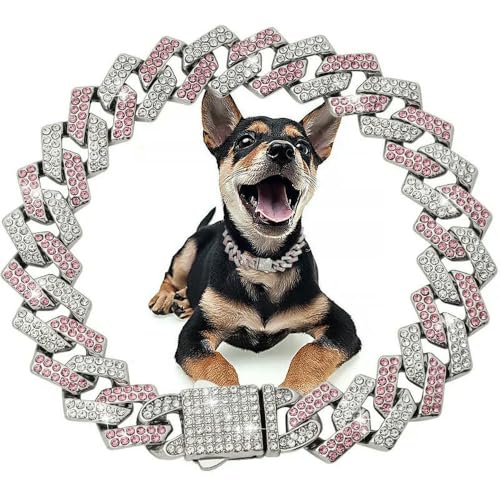 DaBingDian Hundehalsband mit kubanischen Diamantgliedern, Edelstahl-Metallkette mit sicherer Verschlussschnalle für kleine und mittelgroße Hunde, luxuriöses Haustierschmuck-Accessoire von DaBingDian