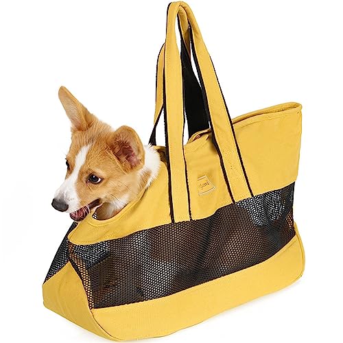 DaBoJinGo Weiche Hundetragetasche für die Reise, faltbar, für Welpen, aus Segeltuch, für kleine Hunde und Katzen, Sicherheitsgurt für die Verbindung zwischen Tasche und Geschirr,Yellow von DaBoJinGo
