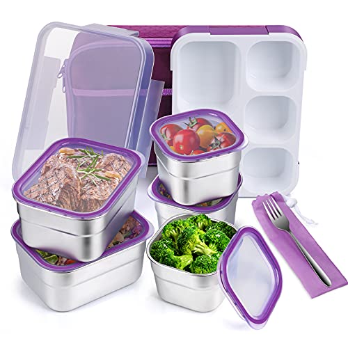 DaCool Kinder Lunchbox Bento Edelstahl-Behälter auslaufsicher für Kleinkinder Erwachsene, Schule Lunchbox, 5 Fächer mit Löffel und Tasche, Obst-Snack-Verpackung Picknick Outdoor, Mikrowellengeeignet von DaCool