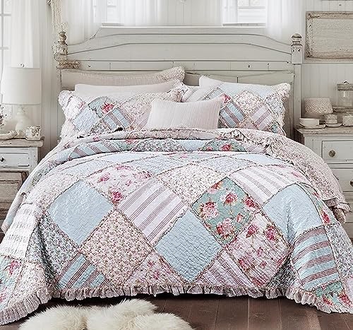 DaDa Bettwäsche-Set aus Patchwork-Baumwolle, Blumenmuster, Hauch von Minze, zierlich, gesteppt, blühender Garten, botanisch, bunte Rüschen, Pastellfarben, hellrosa, blau/grün, Queensize, 3-teilig von DaDa Bedding Collection