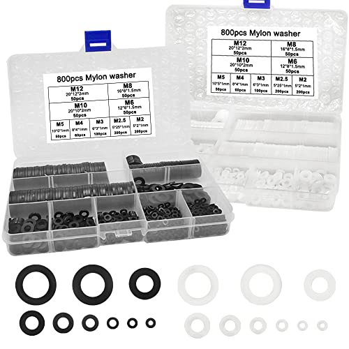 1600 Stück Nylon Flache Unterlegscheiben Sortiment Kit, DaKuan Gummi Unterlegscheiben 9 Größen - M2 M2.5 M3 M4 M5 M6 M8 M10 M12 (Schwarz und Weiß) von DaKuan