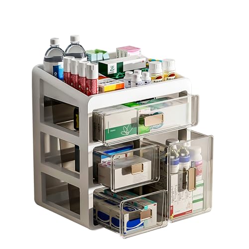 DaMohony Medizin Aufbewahrungsbehälter, Home Medicine Box mit 4 transparenten Schubladen, Mehrzweck-Schreibtisch-Organizer, Aufbewahrungsbox für Medikamente, kleine Kosmetika, Schmuck von DaMohony