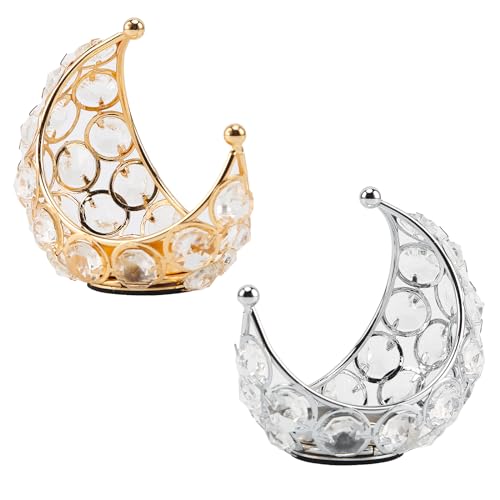 DaMohony Teelichthalter Moon Kerzenständer, 2 Stück Mond Kerzenhalter Kristall mit Kristallen verzierte Kerzenständer für Party, Zuhause von DaMohony