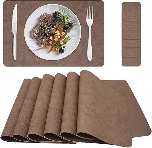 Platzdeckchen Abwaschbar, doppelt verdickte Platzset Abwischbar mit 6 Esstischmatten und 6 Untersetzern, Tischsets Abwaschbar für Esstisch, Hotel und Büro (helles Kaffee) von DaPeng
