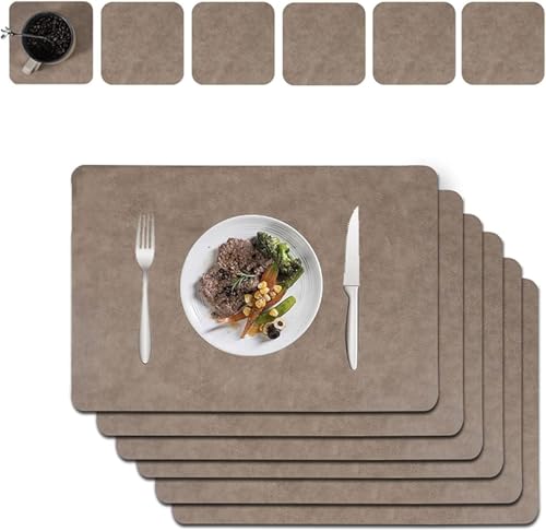Platzdeckchen Abwaschbar, doppelt verdickte Tischsets Abwaschbar mit 6 Esstischmatten und 6 Untersetzern, Tischset Leder für Esstisch, Hotel und Büro (graubraun) von DaPeng