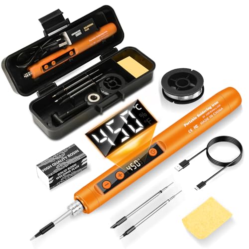Daakro 2-in-1 Akku Lötkolben Set,180-450℃ mit einstellbarer Temperatur,mit LED-Anzeige USB-aufladbares lötkolben mit Lötdraht, Werkzeugkasten, Akku-Lötkolben-Set, 3 Lötkolbenspitzen usw(Gelb) von Daakro
