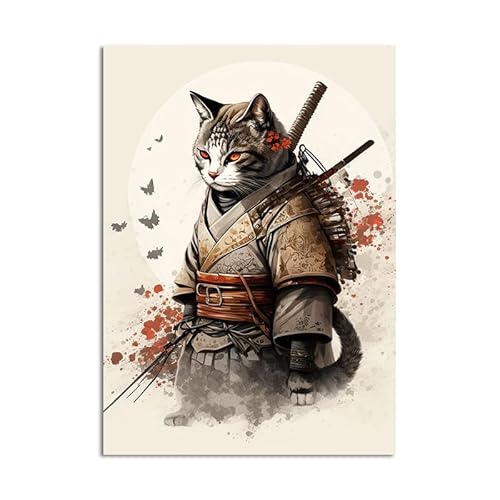 DaanaH Japanische Katze Samurai Wand Bilder Cartoon Retro Leinwand Bild niedliche Katzen Tiere Anime Poster und Kunstdrucke Kinderzimmer Schlafzimmer Dekor Bilder（Kein Rahmen） von DaanaH