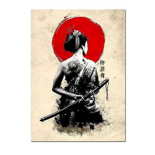 DaanaH Japanische Samurai Leinwand Poster weibliche Kriegerin Red Sun Wall GemäldeJapanische Retro Plakate und Kunstdrucke Wohnzimmer Wohnzimmer Dekor Bilder（Kein Rahmen） von DaanaH