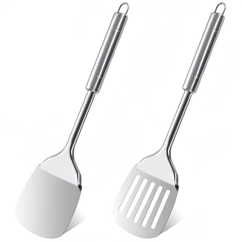 2 Stück Edelstahl Spatel Set Hitzebeständig Küchenutensilien Pfannenwender Edelstahl Solider Pfannenwender Metall Kochutensilien Mit hängenden Geeignet für Restaurants und Küchen von DabbOo