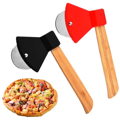 2 Stück Pizzaschneider Edelstahl Pizzamesser Spülmaschinenfest Pizzaroller mit Holzgriff Multifunktional Pizzaschneider axt Küchenzubehör Geeignet zum Schneiden von Pizza,Teig(Rot, Schwarz) von DabbOo